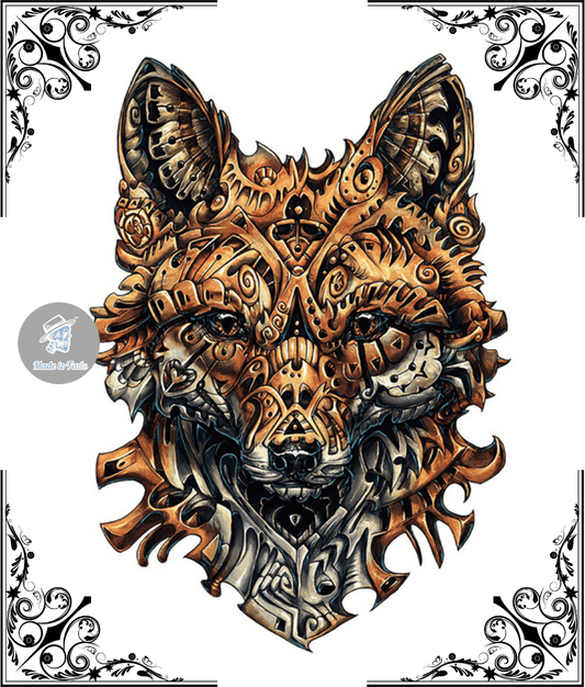 temporary tattoo, full back, mechanical, fox, colored, detailed