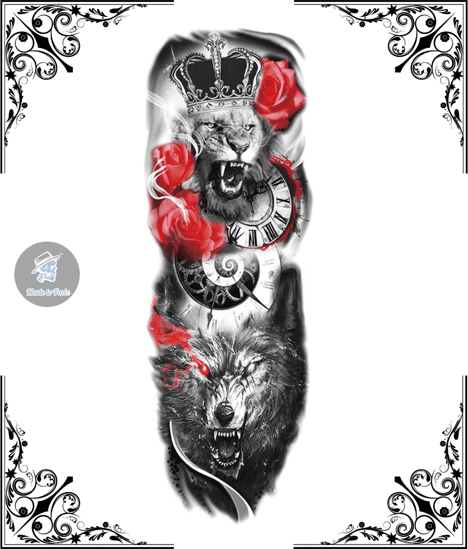 temporary tattoo, full sleeve, large, color, royal, lion, wolf, crown, time