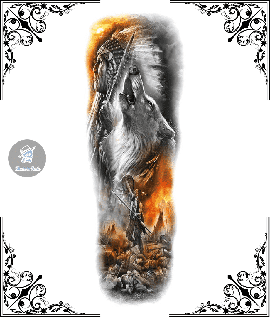 temporary tattoo, full sleeve, detail, wolf, indian, color