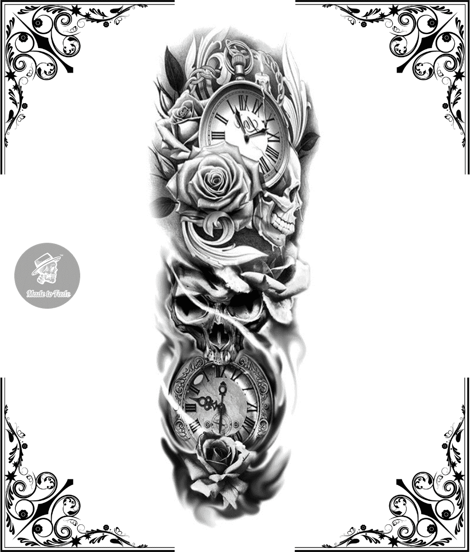 temporary tattoo, large, full sleeve, skull, flower, time