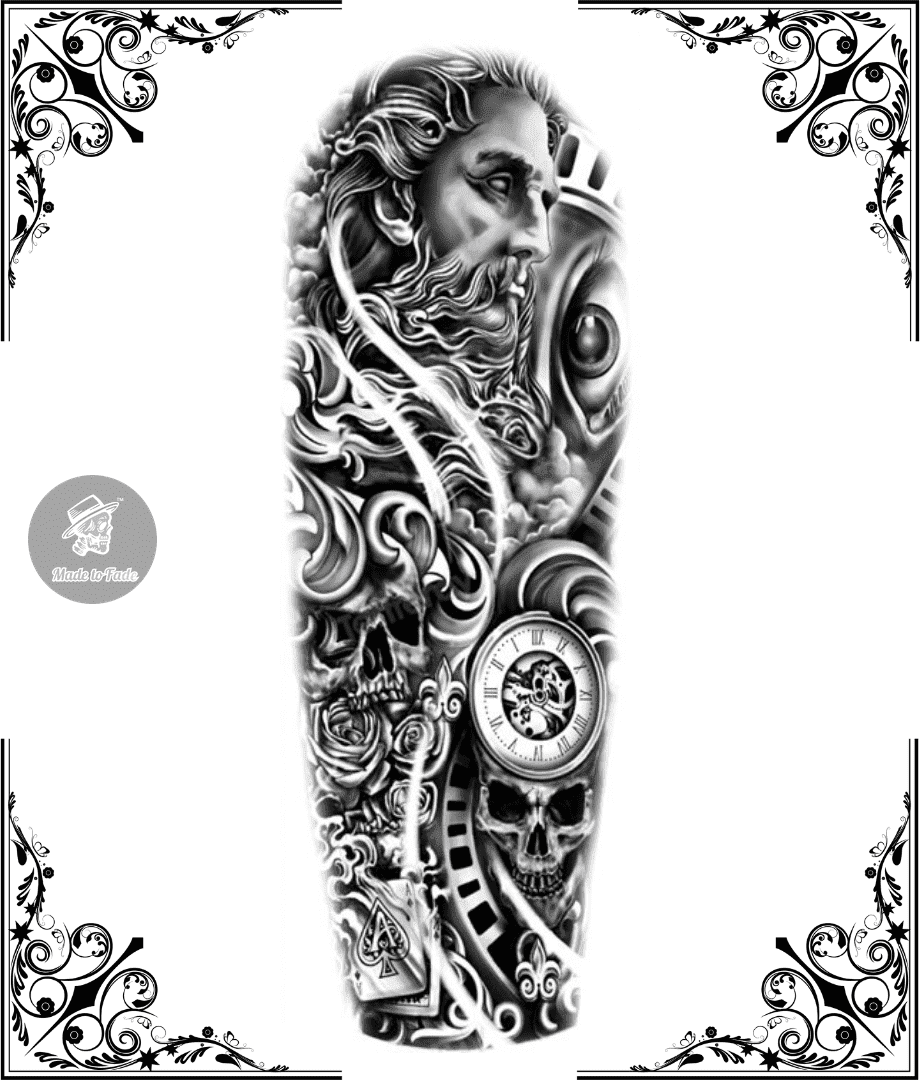 temporary tattoo, full sleeve, detail, time, greek, skull, eye